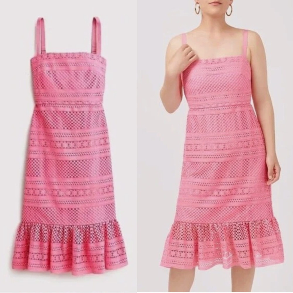 J.Crew Pink Lace Eyelet Ruffle Hem Midi Dress Summer‎ Wedding Party Size 2